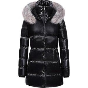 Women's Shine Black Winter Snow Removable Puffer Jacket Coat Faux Fabric Trim
